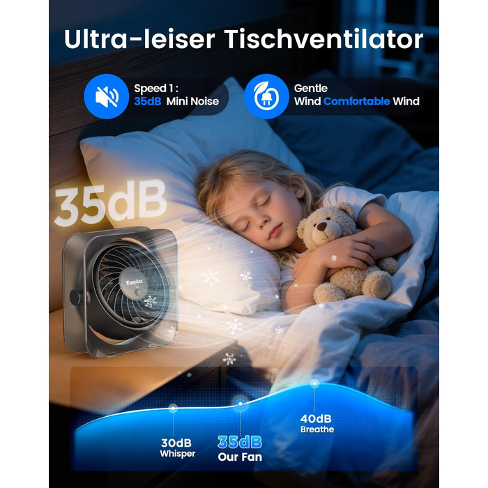 Вентилятор USB EasyAcc міні, настільний з обертанням 360°, 3 швидкості, чорний