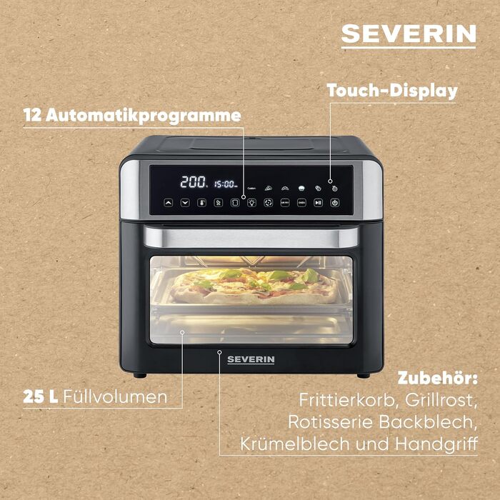Конвекційна піч-тостер Severin TO 9025 з рожном для м'яса, 46 л, 1800 Вт, таймер 120 хв, чорна