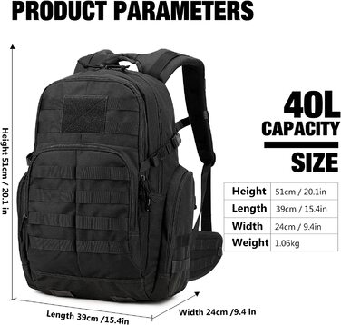 Mardingtop тактичний військовий рюкзак 40л з MOLLE, чорний, для туризму, походів і кемпінгу