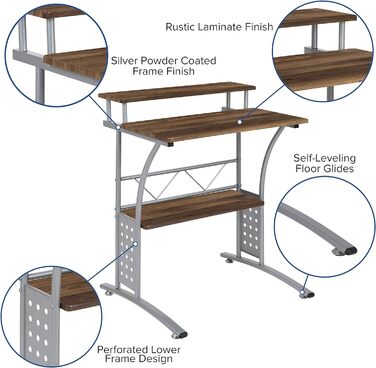 Комп'ютерний стіл Flash Furniture з металу та МДФ, полицями, рустикальний горіх
