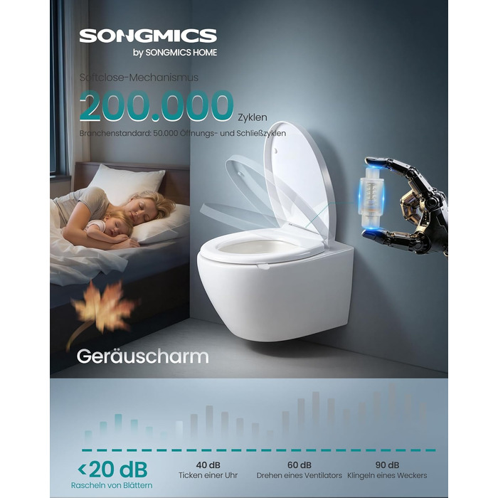 Сидіння для унітаза SONGMICS з мікроліфтом (м'яке закриття), Urea-Duroplast, O-подібне, біле, витримує до 300 кг, зі швидким монтажем та ручкою