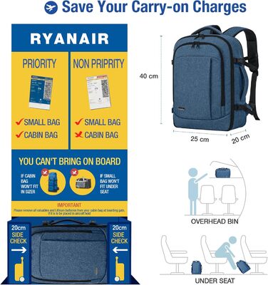 Жіночий рюкзак для ручної поклажі в літак Ryanair, синій XL 30л, з 6 органайзерами для подорожей, бізнесу, роботи та відпустки, 44x19x32 см, Lekespring
