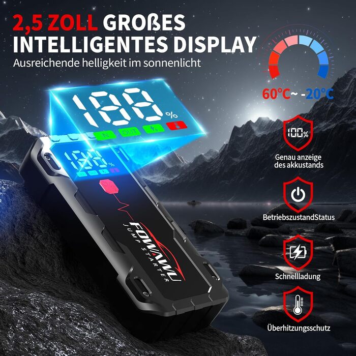 Бустер для автомобіля FOWAWU 7000A 26800mAh — Пусковий пристрій (Jump Starter) для бензинових двигунів до 12л та дизельних до 10л