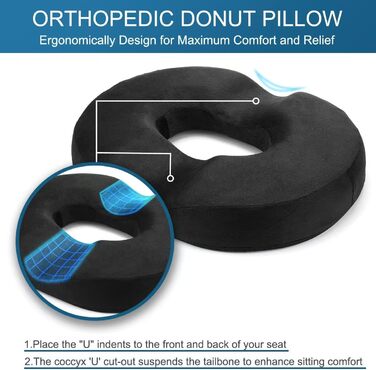 Ергономічна подушка-кільце Donut для офісних стільців та дому, протипролежневий пом'якшувач тиску при тривалому сидінні, 45 см, чорна