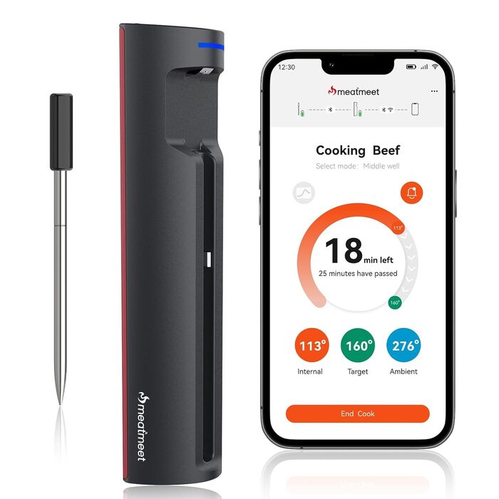 Бездротовий термометр для м'яса з Wi-Fi та Bluetooth, моніторинг через додаток, таймер та сповіщення, водонепроникний (IP67) та маслостійкий, для BBQ, духовки, гриля, кухні MMP1