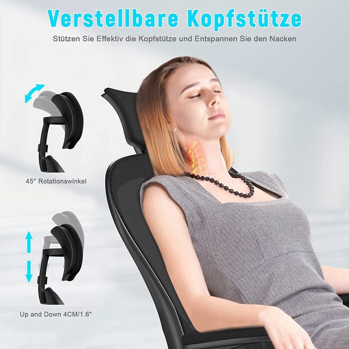 Офісний стіл Ergonomischer Bürostuhl з дихаючою сіткою, регульовані підлокітники, підголівник, поперекова підтримка, регулювання висоти, поворотний стілець на 360°, темно-чорний