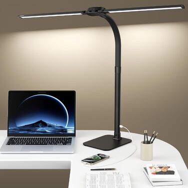 Стійка LED лампа Kary з регулюванням яскравості, 24W, подвійний наголовник, для офісу, роботи, читання, з пультом та USB-портом, чорна