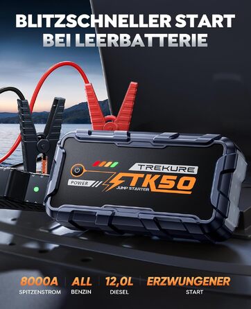 Бустер для автомобіля Starthilfe Powerbank 9000A 26800mAh — Пусковий пристрій для бензинових та дизельних двигунів (до 12.0L), 12V з ліхтарем 800 Лм та USB-портами, сіро-блакитний