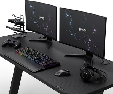 Ігровий стіл SENSE7 Nomad Basic 140x60 см, комп'ютерний стіл з гачком для навушників, підстаканником, тримачем для контролера, ергономічний, карбонова поверхня