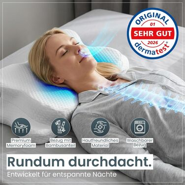 Ергономічна подушка для шиї та голови Gentle North з ефектом пам'яті (Memory Foam), універсальна для будь-якої пози сну, зі знімним чохлом, світло-сіра (61x40x12 см)