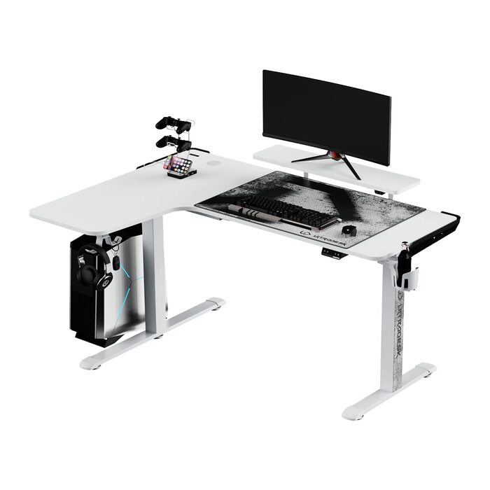 Ігровий стіл ULTRADESK Winger RGB LED L-подібний, електричний підйомний стіл для комп'ютера, білий, 155x111x60 см (лівий)