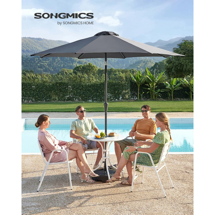 Пляжна парасолька SONGMICS 270 см, UPF 50+, сонцезахисна, нахил 30°, з ручкою для відкривання, для тераси, балкону, басейну, без підставки, сіра