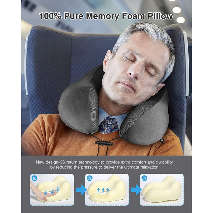 Подушка для шиї Homiee для подорожей: ортопедична, з memory foam, для автомобіля, літака, офісу (сіра)