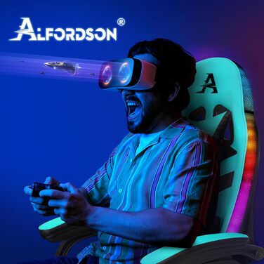 Ігрове крісло ALFORDSON з масажем, RGB LED, ергономічне, з підніжкою, підголівником і лумбарною подушкою, блакитне