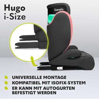 Автокрісло Lionelo Hugo R129 (100-150 см) – ISOFIX, 8 положень підголівника, бічний захист, комфортні підлокітники (Рожеве, I-SIZE)