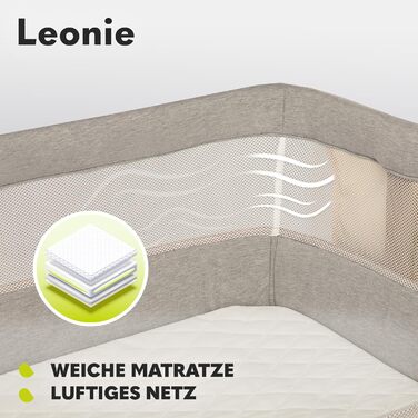 Дитяче ліжечко 3-в-1 Lionelo Leonie з маятниковою функцією, 5-рівневе регулювання висоти, нахил, матрац, знімна бокова стінка, колеса, бічна кишеня, легке транспортування