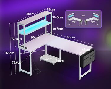Ігровий стіл Coleshome L-подібної форми з LED підсвічуванням та розетками, 110x80 см. Реверсивний стіл з полицями для зберігання, ігровий кутовий стіл з сумкою для дому та геймінгу.