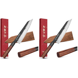 Професійний японський ніж Kiritsuke HEZHEN (21,5 см), кухонний ніж із 3-шарової дамаської сталі з восьмигранною ручкою з червоного дерева та дерев'яним чохлом, набір 2 шт.