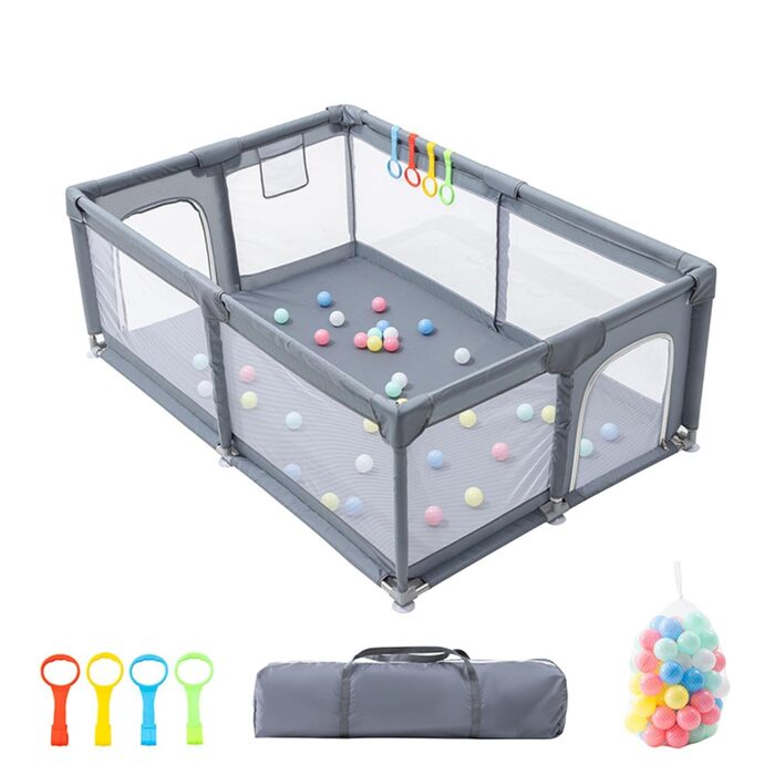 Дитячий манеж GLOKID 150 x 180 см з безпечним простіром для ігор, антиколізійні захисні бортики та дихаюча сітка, з м'ячиками та кільцями для гри (XWL 1218)