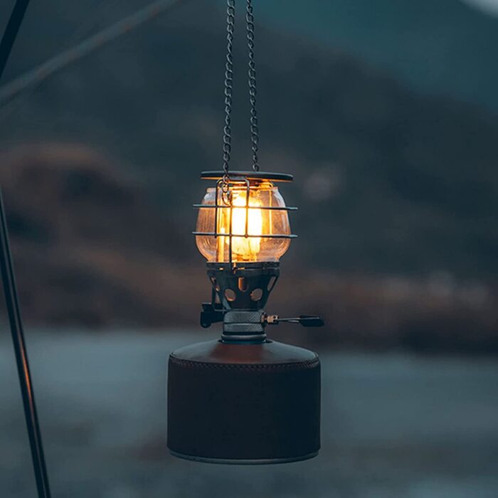 Газова кемпінгова лампа Campingmoon T-4 з п'єзозапалюванням, двома плафонами та підвісним ланцюгом, портативна лампа для намету