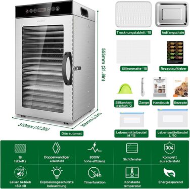 Сушарка для продуктів Kwasyo Edelstahl 750W з 18 рівнями, цифровим таймером, регулюванням температури та захистом від перегріву. Професійна дегідратор для фруктів, овочів, м'яса