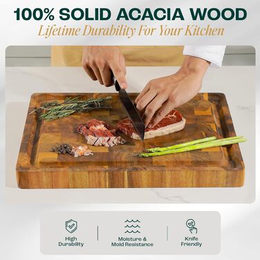 Дошка обробна Yes4All з акації для кухні 43,2x33x3,5 см, з жолобком для соку, середнього розміру, просочена олією