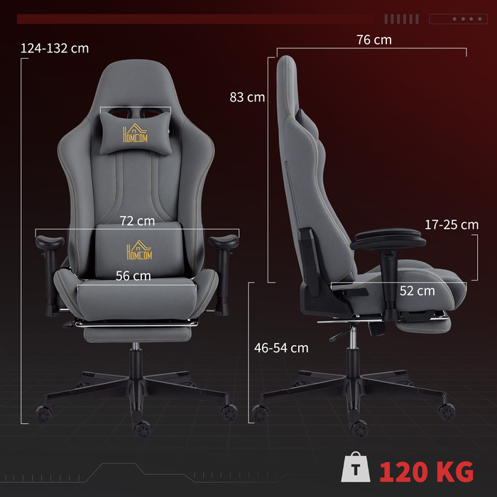 Ігрове крісло HOMCOM з ергономічною підтримкою спини та 3D-підлокітниками, регульоване, з м'якою спинкою та поперековою підтримкою, коліщатками, сірого кольору
