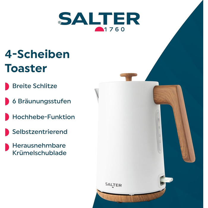 Тостер Salter Toronto 4-Slice Білий - 6 рівнів підсмажування, розморожування, підігрів, самоцентрування, підйом тостів