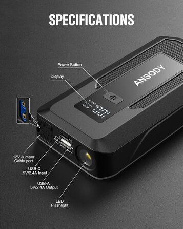 Бустерний пускач автомобіля 3000A Powerbank для авто 12V (до 10л бензин/8л дизель) з LED-ліхтарем та пусковими кабелями, сірий