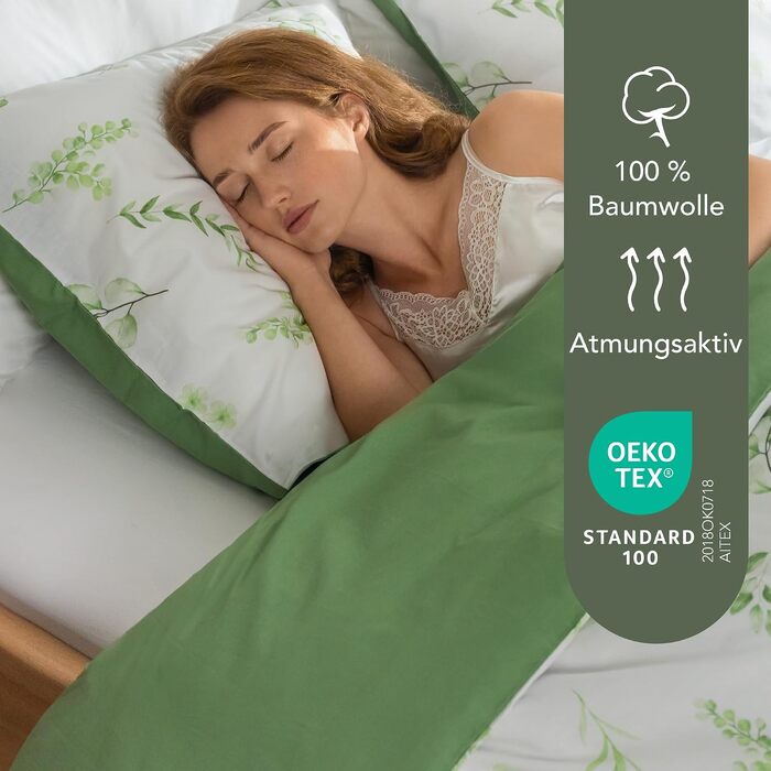 Комплект постільної білизни Dreamzie з бавовни, 4 предмети (2 підковдри 135x200 см, 2 наволочки 80x80 см), з блискавкою, сертифікат Oeko-Tex, принт «Зелене листя»