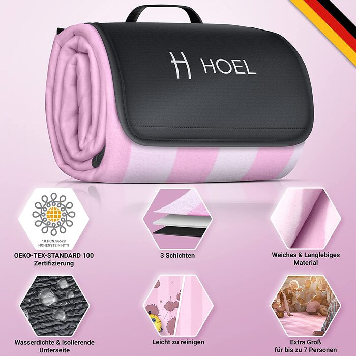 Пікнік-ковдра HOEL 200x200 см водонепроникна та ізольована, м'яка XXL, для пікніка, кемпінгу, пляжу, відпочинку на природі