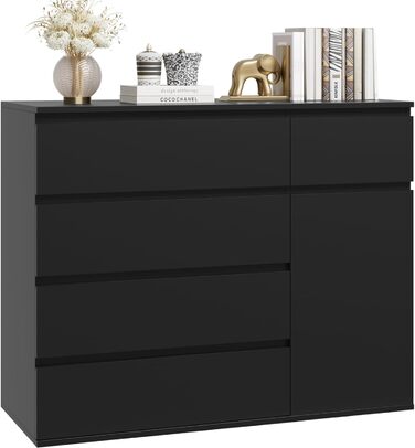 Комод FOREHILL чорний з 5 шухлядами і 1 дверцятами, 100x40x80 см, для спальні, вітальні, кабінету, коридору
