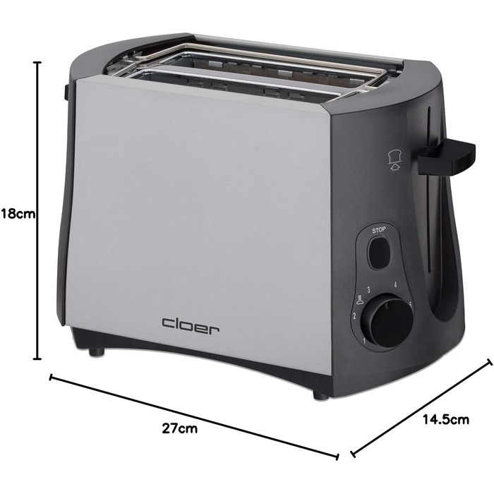 Тостер Cloer 3410, 825 Вт, для 2 тостів, з підставкою для булочок, функція додаткового підйому, піддон для крихт, матовий теплоізольований металевий корпус