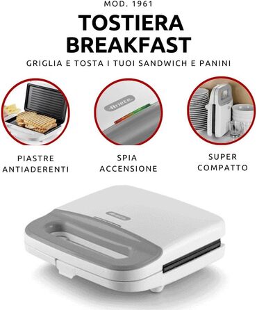 Тостер Ariete Breakfast 1961, електричний, антипригарне покриття, для сендвічів, вертикальне зберігання, 750Вт, білий
