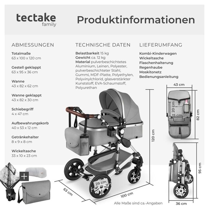 Дитяча коляска Tectake 2 в 1, розкладний візок-бугі з функцією ліжечка, з підставкою для ніг, візок з тримачем для напоїв, знімною колискою та дощовиком (Сірий)