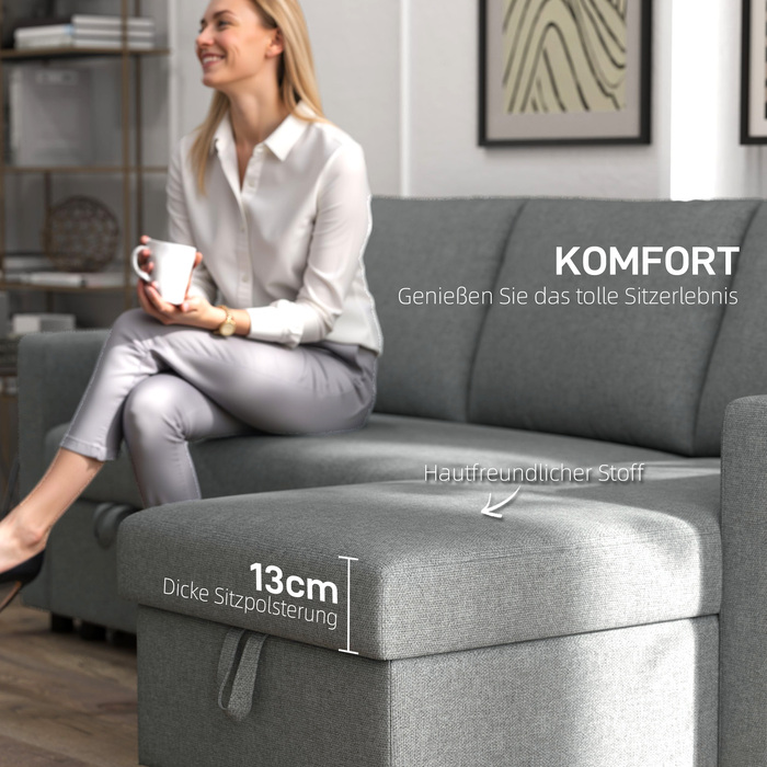 HOMCOM Кутовий диван з механізмом трансформації та ящиком для зберігання. Кутовий диван-ліжко з відкидною спинкою, кутовий диван з лежаком, тканинний диван у формі 'L', з текстурою льону, світло-сірий, розміри 211,5 x 146 x 85 см.