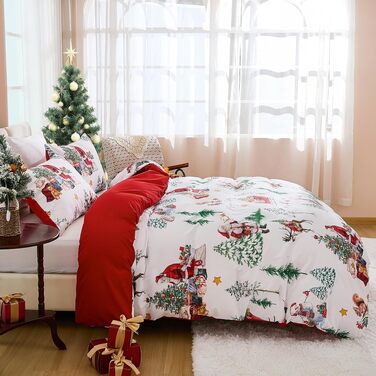 Комплект зимової постільної білизни WONGS BEDDING з новорічним принтом (Дід Мороз), мікрофібра, 2 предмети: підковдра 135x200 см та наволочка 80x80 см, білий