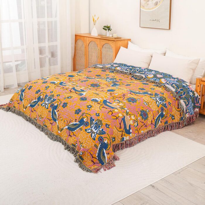 Плед Boho з 100% бавовни, стиль кантрі, 150х200 см (Птахи та квіти)