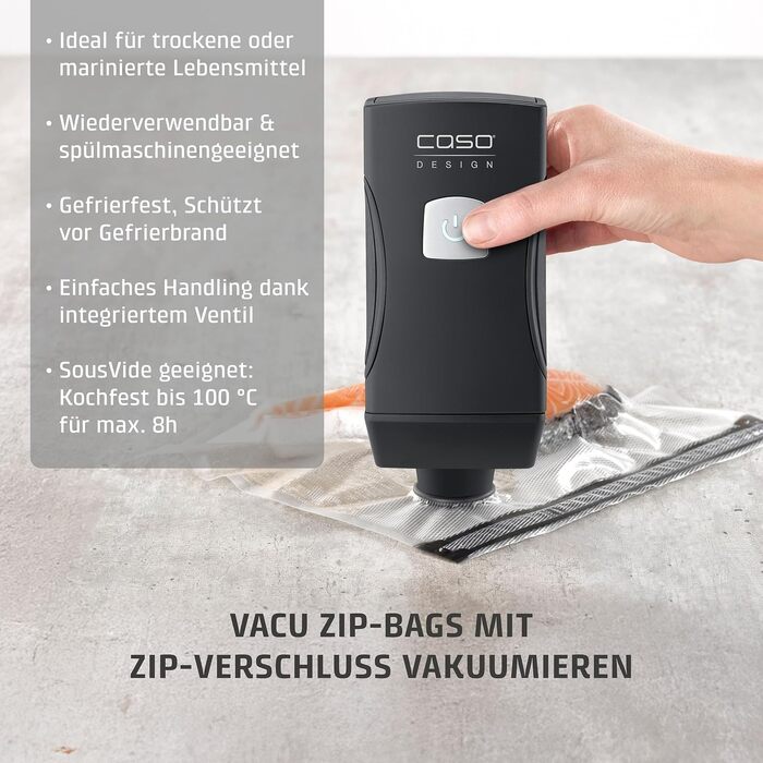 Набір для вакуумування CASO Vacu OneTouch Eco-Set: ручний вакууматор, 3 скляних контейнери, 10 ZIP-пакетів та стікери Food Manager, акумуляторний, чорний