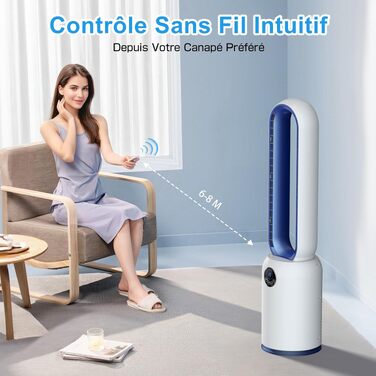Безлопатевий вентилятор Turmventilator 88 см, з LED-дисплеєм, пультом, таймером 12 год, 90° осциляція для спальні/офісу (синій)