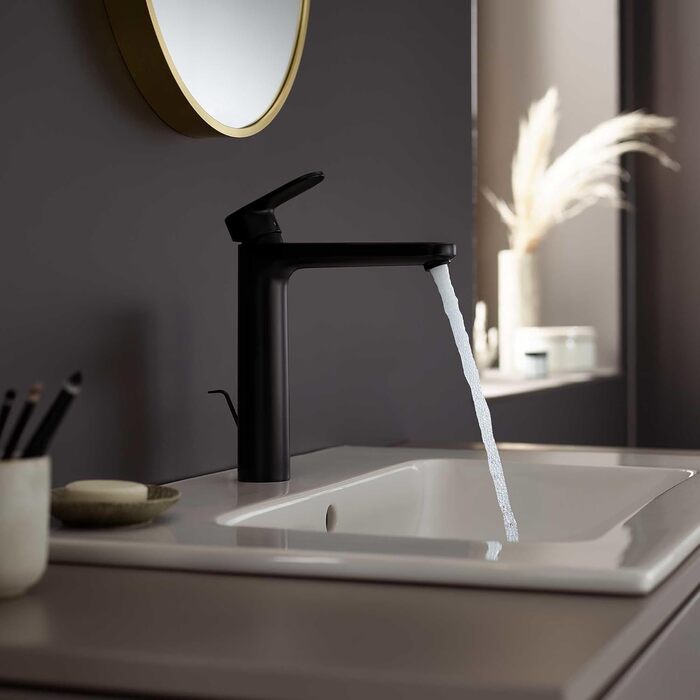 Змішувач для ванної кімнати Hansgrohe Vernis Blend, чорний мат, висота виливу 190 мм, з автоматичним зливом, економія води EcoSmart