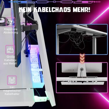 Регульований по висоті письмовий стіл Devoko 160x70 см, ігровий стіл для комп'ютера з двома моторами, LED-підсвіткою та системою кабель-менеджменту, білий