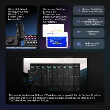 Elgato Wave:3 – професійний USB конденсаторний мікрофон для стрімінгу, подкастів, ігор та домашнього офісу, з безкоштовним мікшуванням і плагінами звукових ефектів, захист від спотворень, Plug & Play, для Mac і ПК