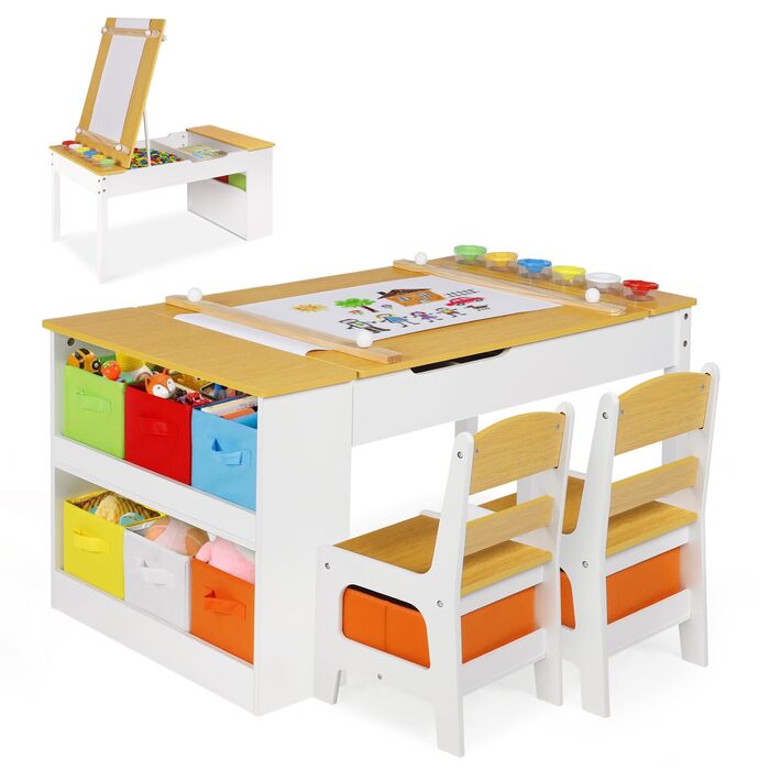 Дитячий стіл Kinder-Kunsttisch Set з 2 стільцями - дерев'яний набір для творчості для малюків з регульованою стільницею, відрами для пігментів та 8 тканинними ящиками для зберігання (Натуральний)