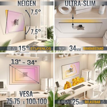 Настінний кронштейн для монітора та ТВ RICOO N0611, фіксований Slim для вигнутих та плоских екранів 13-34 дюймів, VESA 75x75/100x100 мм, до 25 кг
