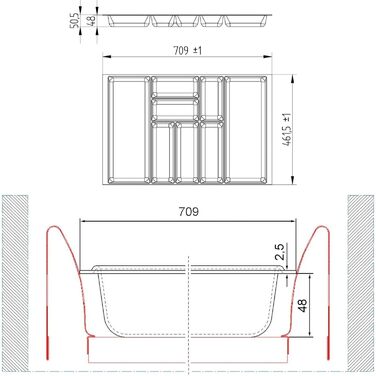 Вставка для столових приборів Orga-Box 2, антрацит, з текстурою Canvas, розмір 461x709 мм, для ящиків Nobilia 80 см до 07/2012