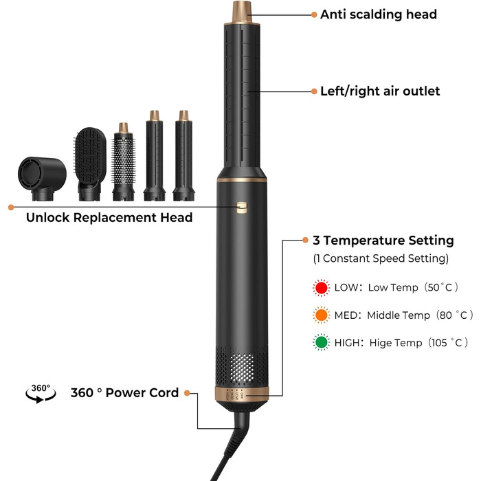 Airstyler 5 в 1: Фен-щітка, плойка, гаряче повітря для укладки волосся Schwarz/Gold