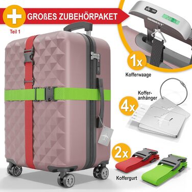 Преміум набір валіз Onbest 4-в-1: жорсткі валізи з TSA-замком, USB-порт, вага для валіз, ремені, адресники, тримач для напоїв, чохол для взуття, захисні чохли (рожеве золото)