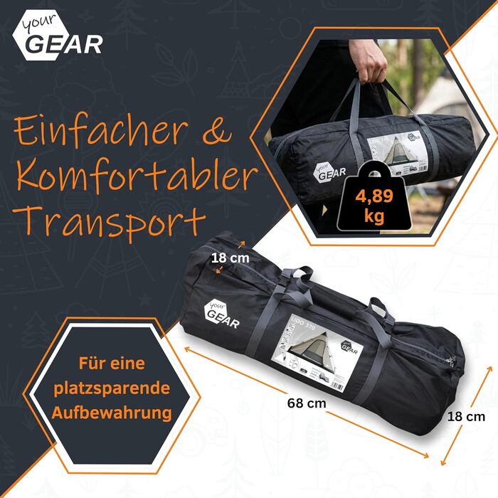 Намет-тіпі your GEAR Zelt Lido для кемпінгу та фестивалів на 4 особи, пірамідальний намет з водовідштовхувальним покриттям 5000 мм, захистом від комах та UV 50+ (Бежевий)
