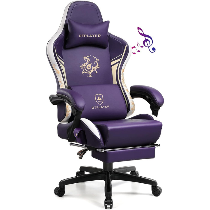 Ігрове крісло GTPLAYER Dragon з Bluetooth-динаміками, підніжкою, ергономічне комп'ютерне крісло для геймерів, фіолетове
